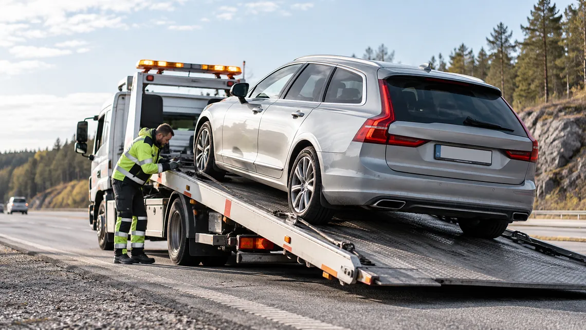 Bil lastas på flatbed flakbärgare vid vägkanten